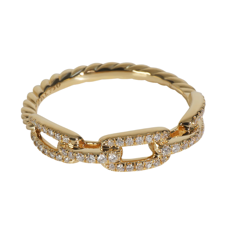 Elegant gold ring featuring interlocking chain links adorned with small sparkling diamonds and a twisted band design.